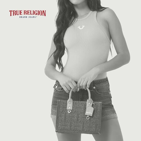 حقيبة يد نسائية من True Religion، حقيبة كتف مبطنة من قماش الدنيم على شكل حدوة حصان مع حزام كروس قابل للتعديل، أزرق فاتح in Saudi Arabia