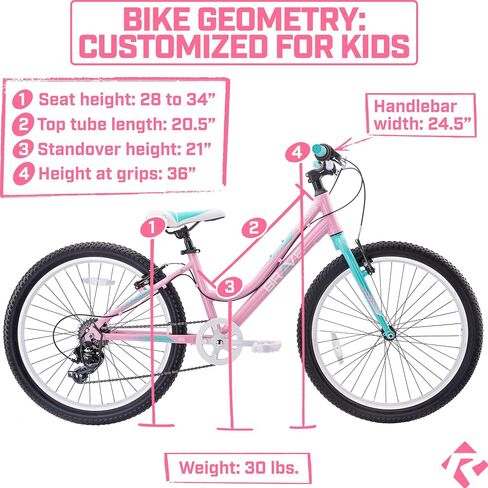 Revere Kids 24" Girls 7-Speed Cruiser Children's Bicycle for Ages 7-11 Years Old. Lightweight Aluminum Frame and Fork, Easy to Ride! (Pink/Cyan) in Saudi Arabia