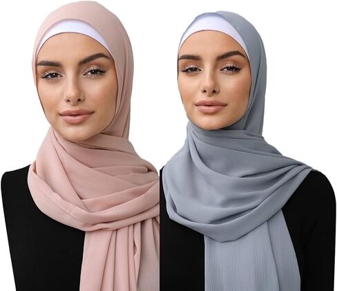 2 قطعة مجموعة النساء الأوشحة الشيفون لينة التجعيد كريب الحجاب وشاح طويل التفاف الأوشحة شال مسلم in Kuwait