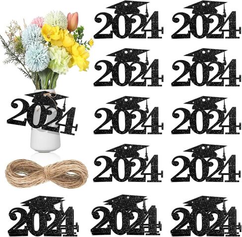 30pcs 2024 Cutouts Tags Graduation Cap Decorations 2024 Graduation Centerpiece Glitter Grad Party Tags for Class of 2024 Table Congrats Grad Favors (Black) in Saudi Arabia