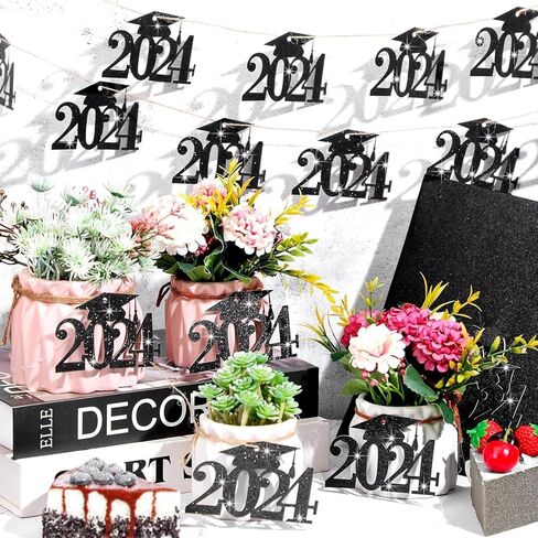 30pcs 2024 Cutouts Tags Graduation Cap Decorations 2024 Graduation Centerpiece Glitter Grad Party Tags for Class of 2024 Table Congrats Grad Favors (Black) in Saudi Arabia