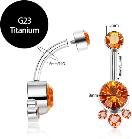 Hypoallergenic G23 Titanium Internally Threaded 14G 10mm Belly Button Rings Petite Navel Bezel Orange/White/Pink CZ Ring for Women Body Piercing Jewelry ASTM F136 Cubic Zirconia Belly Bars in Saudi Arabia