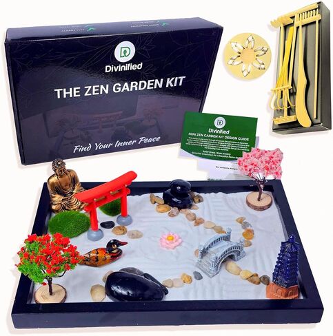 Desktop Zen Garden Kit - Traditional Japanese Meditation Accessories Compact to Fit On Desk - Rake Tools, Sand, Design Guide and Many Elements to Design for Home Or Office Desktop Decor in Saudi Arabia
