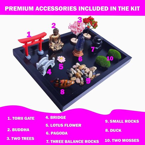 Desktop Zen Garden Kit - Traditional Japanese Meditation Accessories Compact to Fit On Desk - Rake Tools, Sand, Design Guide and Many Elements to Design for Home Or Office Desktop Decor in Saudi Arabia