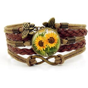 Sunflower Bracelet, Sunflower Charm Jewelry, Flower Jewelry,Friendship Bracelet Handmade Leather Wrap Bracelets (A7, 2CM)