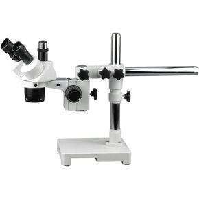 مجهر ستيريو ثلاثي العينيات من AmScope SW-3T13X، عدسات WH10x، تكبير 5X/10X/15X/30X، هدف 1X/3X، حامل ذراع واحد، يتضمن عدسة بارلو 0.5X in Kuwait