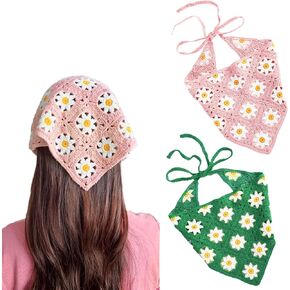 Yanmucy 2 PCS Crochet Hair Bandanas for Women Boho Floral Head Scarf Crocheted Triangle Head Scarf Vintage Flowers Hair Scarf