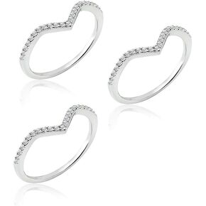 SolidSilver- Sterling Silver Crystal Clear CZ Stackable Chevron Style Ring | 3 Pair Stackable Set | Sizes 6-9