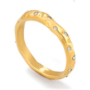 Dainty Stackable Hammered Ring for Women Girls, 18k Gold Plated Stainless Steel Thumb Pinky Band Rings, Cubic Zirconia CZ Stones, Shiny Durable Comfortable Size 5, 6,7,8,9
