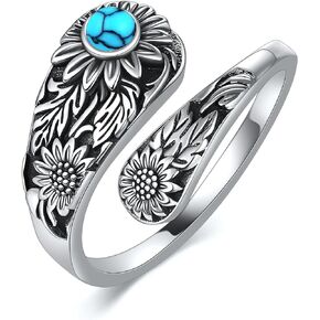 Sunflower Spoon Rings 925 Sterling Silver Adjustable Vintage Boho Turquoise Sunflower Thumb Rings Sunflower Jewelry Flower Birthday Gifts for Women Girls