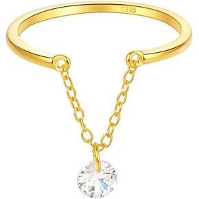 Kokoma Dangling Charm CZ Sterling Silver Ring for Women Girls Crystal Diamond Tassel Chain Sackable Finger Band Statment Ring Promise Rings Adjustable
