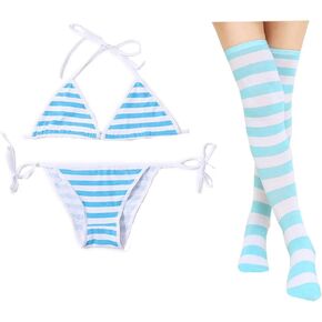 3 PCS Sexy Japanese Cute Anime Lingerie Set for Women with Striped Thigh High Socks Bikini