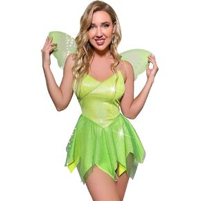 ABAFIP Women Shiny Rave Outfits Halloween Fairy Costume V Neck Metallic Bodycon Dress set