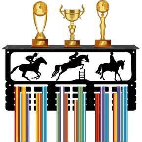 CREATCABIN حامل ميدالية الفروسية حامل ميدالية رف الكأس مع حامل رف رياضي 4 صفوف مثبت على الحائط يحمل 70+ ميداليات للرجال والنساء رف جوائز الفروسية 15.7 × 7.9 بوصة in Kuwait