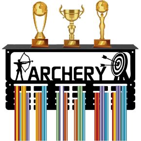 CREATCABIN Archery Medal Holder Trophy Shelf Medal Hanger Display with Shelf Stand Sports 4 Rows Wall Mount Hold 70+ Medals for Men Gymnastics Soccer Running Swimming Awards Rack 15.7 x 7.9 Inch