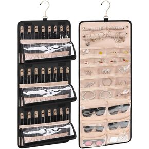 Hanging Jewelry Organizer, Double-Sided Jewelry Organizers Storage on Wall, Door, Closet, Jewelry Holder Organizer with Pockets and Hook Loops for Earrings, Necklaces, Rings - Black