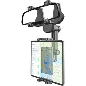 Car Rearview Mirror Tablet Mount with [4 Corners Fixed Design], 360°Rotatable & Retractable Rear View Car Holder for 4-12.9'' Devices, iPad Pro 12.9/ Air/Mini, iPhone Series, Black 1 Pack
