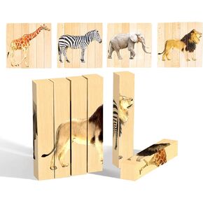 Wooden Animal Chunky Puzzles for Toddlers 2+ Years - Montessori 4 in 1 Safari Animal Block Puzzle Toy