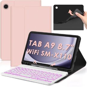 DETUOSI Backlit Keyboard Case for Samsung Galaxy Tab A9 8.7" SM-X110 WiFi 2023 Android Tablet with S Pen Holder | Soft TPU Shockproof Back Cover | Magnetic Closure Case | Detachable Wireless Keyboard