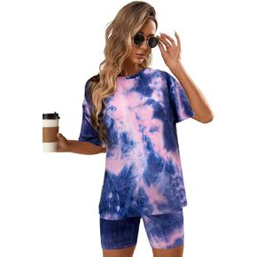 OYOANGLE Women's Maternity Pajama Set 2 Piece Tie Dye Short Sleeve T-Shirt and Shorts Set Loungewear
