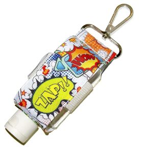 Hand Sanitizer Holder With Refillable Container - Super Hero Comics Print - 2 Ounce Travel Size - Swivel Clip For Backpack, Purse or Keychain - Handmade by Green Acorn Kitchen