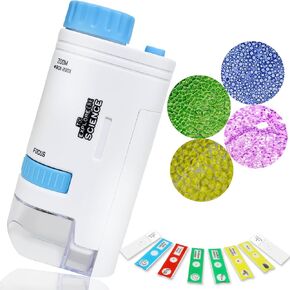 مجهر الجيب Maxee، مجهر صغير محمول باليد 80x-200x للأطفال مزود بمصابيح LED، 8 عينات شرائح للأطفال والطلاب البالغين in Kuwait