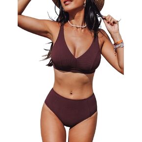 CUPSHE Women's Bikini Sets Two Piece Swimsuit High Waisted V Neck Adjustable Straps Back Hook Swimwear