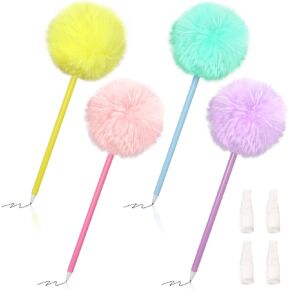 4 Pack Pom Pom Pens Fluffy Ballpoint Pen Cute Pens for Girls Fuzzy Pens for School Office,Blue Ink,Pink,Puple,Yellow,Green