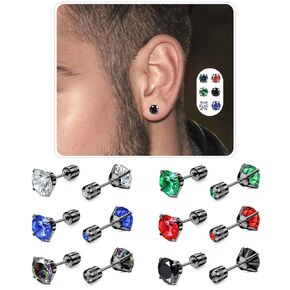 6 Pairs Black Screw Back Stud Earrings Set for Sensitive Ears, Hypoallergenic Surgical Stainless Steel Rainbow 5A Cubic Zirconia Side Earrings Piercing Studs Jewelry 6mm CZ for Women Men Girls