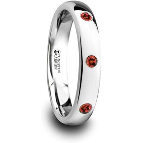 Mens Comfort Fit -Polished & Domed Tungsten Carbide Wedding Ring - 3 Red Rubies Setting - 4mm Wide - Style name: MAERA - Lifetime Warranty