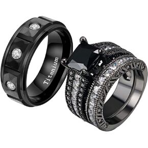 ringheart 2 Black Rings His and Hers Ring Couple Rings 8mm Princess Cut 8mm Cz Womens Wedding Ring Sets Titanium Steel Mens Wedding Bands