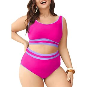 Eytino Womens Plus Size Bikini Sets High Waisted Scoop Neck Bahting Suits Two Piece Color Block Swimsuits(1X-5X)