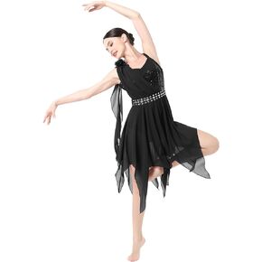 IBAKOM Lyrical Dance Dress for Women One Shoulder Flower Strap Sequins Contemporary Dance Costume Asymmetrical Chiffon Skirt