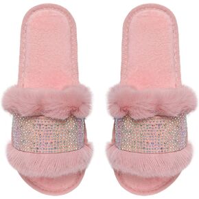 Natalie Mills Rhinestone Faux Fur Slippers! House Shoes! Open Toe Slippers! Summer & Winter Slippers Glampers with Massage Technology!
