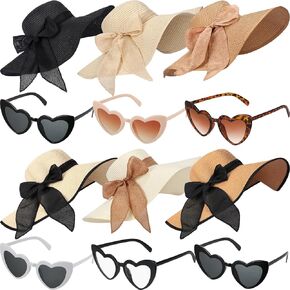12 Pcs Women Floppy Summer Hat Wide Brim with Heart Shape Glasses Big Bowknot Straw Hat Sun Hats Heart Sunglasses