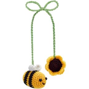 AHANDMAKER Crochet Bee and Sunflower Car Hanging Ornament, Cute Bumblebee Car Accessories Car Rear View Mirror Holder for Hanging Accessories, Bag Ornament, Automotive Interior Decorations