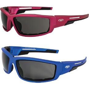 Global Vision Sly Motorcycle Glasses for Women ATV Padded Riding Glasses Sunglasses 2 Pairs with Smoke Lenses and Pink & Blue Metallic Frames