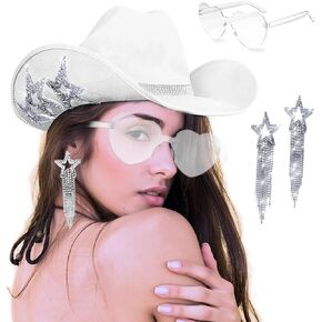 Cowboy Hats with 6 Sequins Stars & Tiara Belt for Women Rodeo Party Hats with Heart Glasses&Sparkle Earrings
