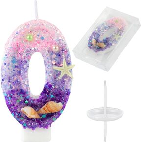 Birthday Candles, Pink and Purple Number 4 Candles Decorated with Conchs Starfish and Pearls for Mermaid Theme Party Cake Topper Supplies (Number 4)