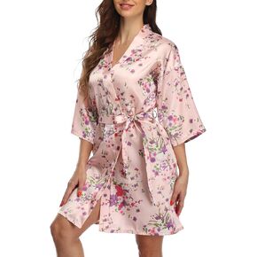 Women's Floral Kimono Robes Short Satin Bathrobe Silky Sleepwear Dressing Gown for Wedding Getting Ready
