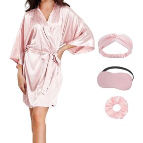 Women Short Floral Silky Satin Robes Sets Wedding Bridesmaid Bridal Party Robes With Hairband Hair Ring Sleepmask