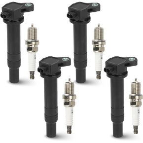 4PCS Ignition Coil Pack with 4PCS Iridium Spark Plug Compatible with 2006 2007 2008 2009 2010 2011 Hyundai Accent Kia Rio Rio5 1.6L, Replacement for UF499 C1543