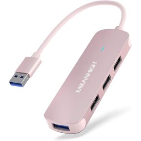 USB Hub, 4-Port Dongle with USB 3.0, USB 2.0, Multiple USB Port Expander for Laptop, MacBook, Surface Pro, XPS, PC, Flash Drive, Mobile HDD-Pink