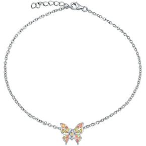 Bling Jewelry Summer Garden Nature Color Opalescent Butterfly Created Blue Pink Opal Charm Anklet Ankle Bracelet For Women Teens .925 Sterling Silver Adjustable 9-10 "