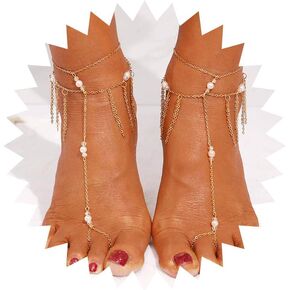 Yalice 2 Pcs Gold Sequins Foot Chain Pearl Beaded Barefoot Sandals Boho Tassel Anklet Toe Ring Beach Foot Jewelry for Women and Girls