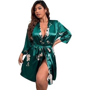 WDIRARA Women's Plus Size Kimono Floral Print Belted Breathable Satin Bride Robe
