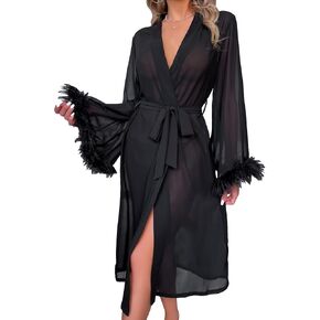 OYOANGLE Women's Fuzzy Trim Long Sleeve Belted Sheer Mesh Pajama Sleepwear Robe in Saudi Arabia