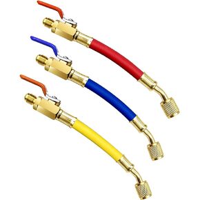 Charging Hoses and Ball Valve Set, R134A R410A R22 R12 Color Coded Hoses with Ball Valve 1/4" SAE Thread (7" Long) for AC HVAC Maintenance Kit and Air Condition Refrigeration Charging Tools, 3 Pcs