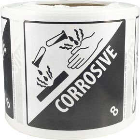 InStockLabels Hazard Class 8 D.O.T. Corrosive Packing Labels, 500 Adhesive Shipping Labels, 4x4 Inch Square – Ideal Safety Stickers for Shipping & Handling Corrosive Materials for All Packages