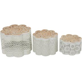 Deco 79 Metal Laser Cut Metal Decorative Jars with Carved Wood Lids, Set of 3 8", 6", 5"W, White
